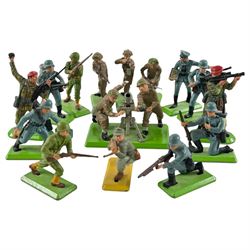 Collection of diecast dumper trucks, lorries, cement mixer, etc including Tonka and Britains examples, together with Britains Deetail soldiers and military vehicles, including SWB Land Rover and Kettenkrad