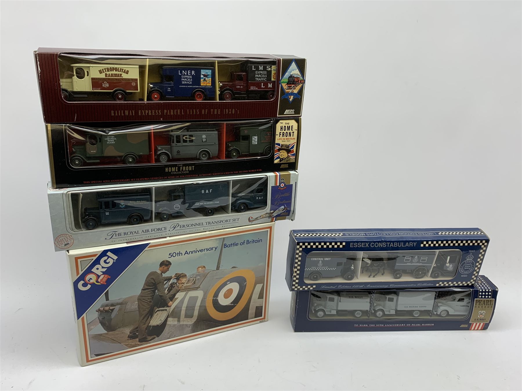 Various makers - twenty commemorative and promotional die-cast models including Corgi 50th Anniversary of the Battle of Britain and Italian Job Set, Lledo RAF personnel Transport Set, 50th Anniversary of Pearl Harbour Set, Home Front Collection, NYMR Set etc, Gate Laurel & Hardy Jeep, four Vanguards commercial vehicles etc; all boxed