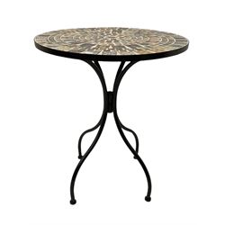 Black painted metal bistro set, circular table with mosaic top, and pair of folding chairs with mosaic panels 