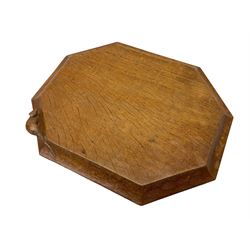 Mouseman - adzed oak breadboard, canted rectangular form with moulded edge carved with mouse signature, by the workshop of Robert Thompson, Kilburn, W31cm D26cm