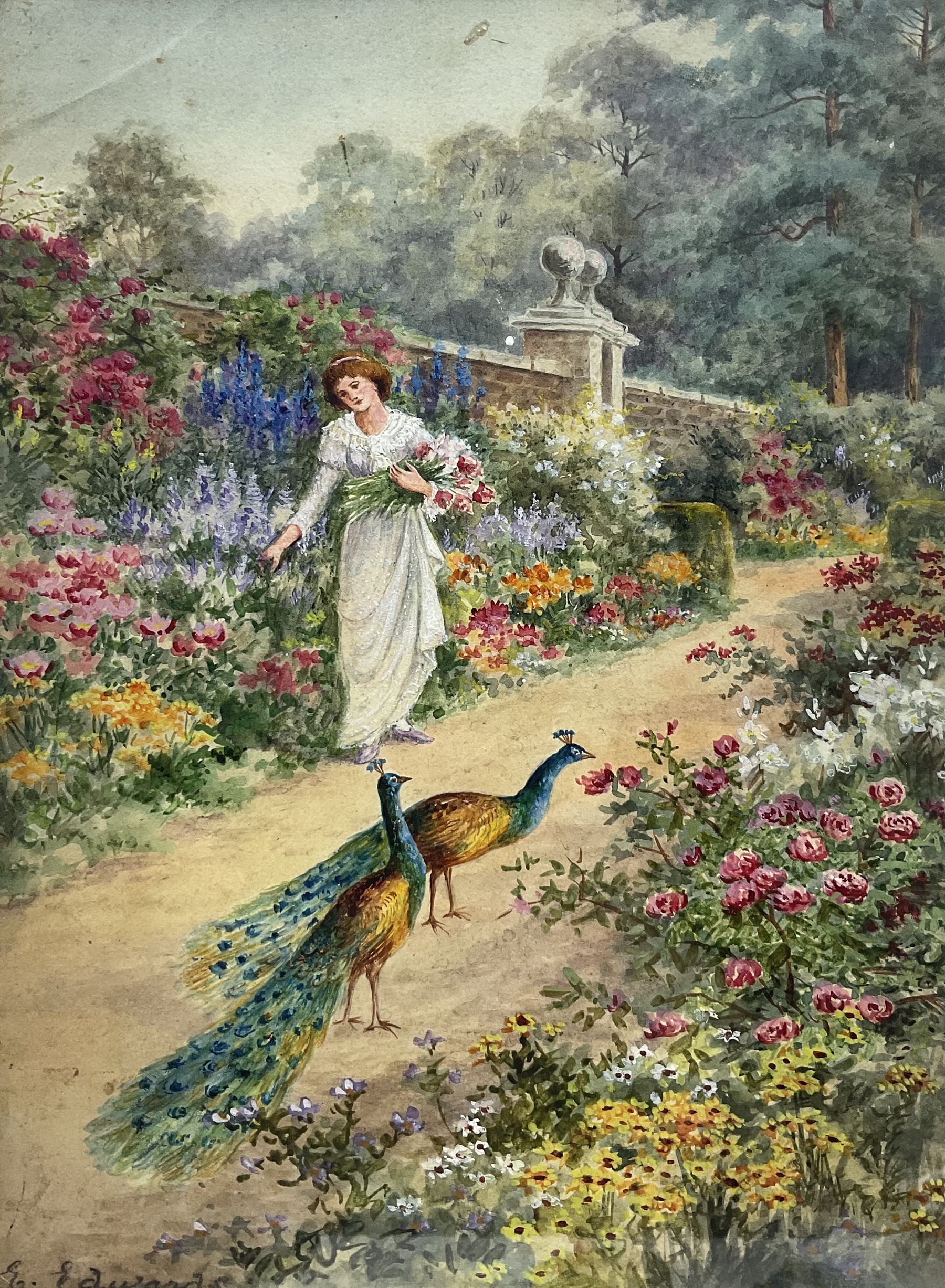 Ellen Edwards (British 19th Century): Peacocks in the Garden, watercolour signed 30cm x 22cm 