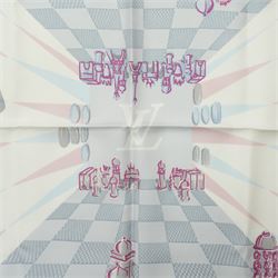 Louis Vuitton silk carré scarf, the multicolour design featuring stylised chess pieces and Parisian monument motifs over a Damier ground, with tonal LV monogram to the centre, signed Louis Vuitton Paris, 89cm x 89cm