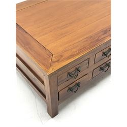 *Large hardwood multi-drawer coffee table fitted with eight drawers each side, 130cm x 84cm, H46cm