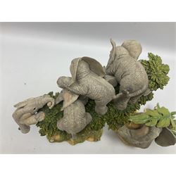 Seven Tuskers elephant figure groups, to include limited edition Stop! Mice Crossing 3479/4000 and Hide n' Squeak 77/4000, Love is... Sharing, Always a Safe Haven, Together Always etc, tallest H24cm
