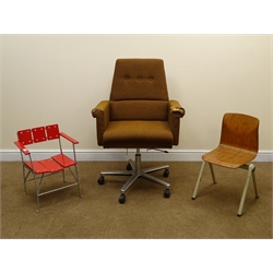  Thur-op-seat childs chair with plywood seat, H67cm, another childs chair with red slatted seat back, and arms H56cm and a Darkinsa office chair (3)  