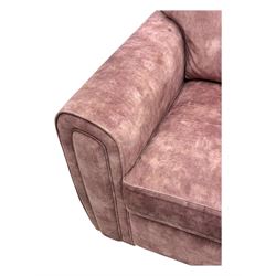 Contemporary Alstons ‘Memphis’ sofa bed, upholstered in ‘Dusk Velvet’ polyester blend, featuring broad arms, two seat cushions, and a concealed fold-out metal action bed with mattress