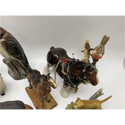 Beswick pigeon no 1383 and a collection of other ceramic animal figures including Campsie Ware lustre budgies, Kowa red fox and Labrador, two shire ponies, two sheep, etc 