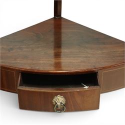 George III mahogany corner washstand, the shaped splash back above a quarter circular top with central basin aperture and flanking soap holes, undertier shelf, single bowed drawer with brass ring handle, raised on slender square and cabriole supports