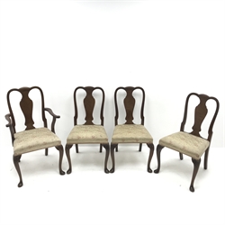  Regency style walnut extending dining table, acanthus carved cabriole legs on pad feet, single leaf (W183cm, H77cm, D92cm) and set four (2+2) dining chairs, upholstered seat (W58cm)   