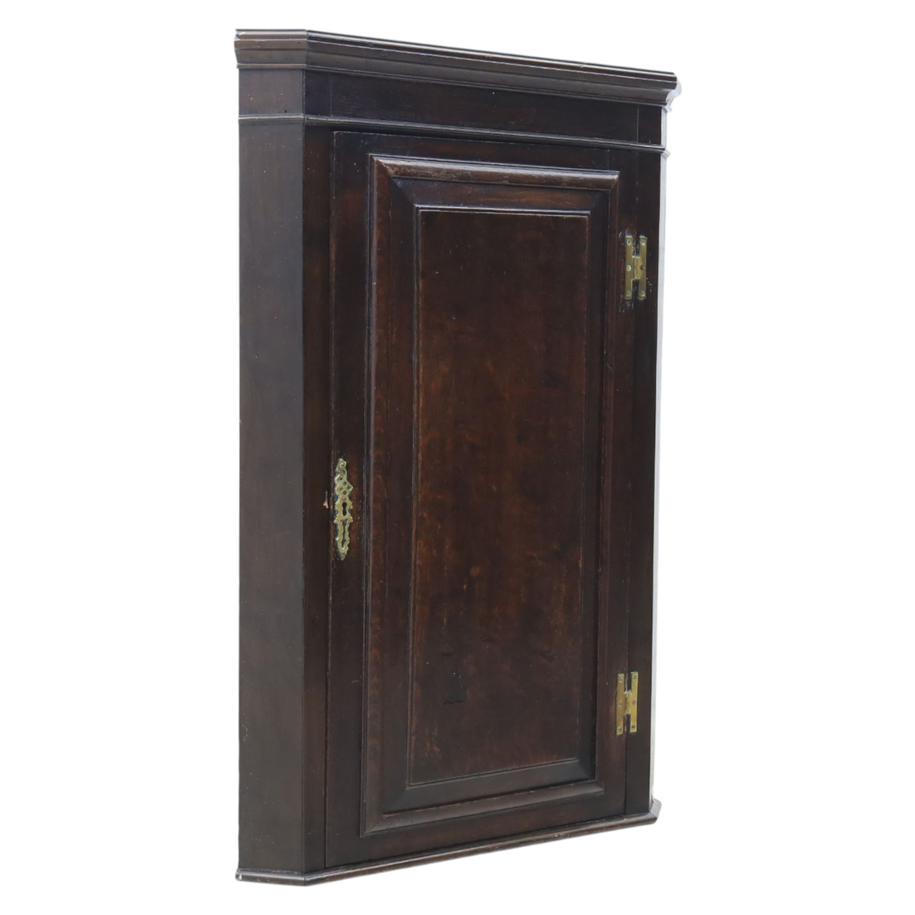 George III country oak corner cupboard, enclosed by single cushion panelled door, brass H hinges