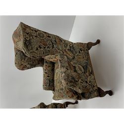 Matched pair early 20th century Queen Anne style wingback armchairs, walnut framed, sprung seats with seat cushions upholstered in needle work cover, shell carved cabriole front feet