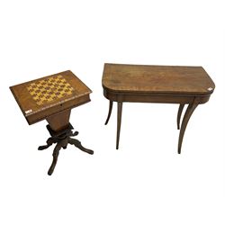 19th century inlaid walnut sewing table (49cm x 38cm, H75cm), and a 19th century mahogany card table on sabre supports (W90cm, H74cm, D45cm)