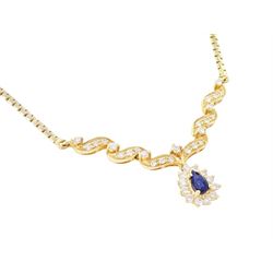 14ct gold sapphire and diamond necklace, the central diamond set ribbon design panel, suspending a pear cut sapphire of approx 0.25 carat, surrounded by twelve round brilliant cut diamonds, stamped, total diamond weight approx 0.25 carat