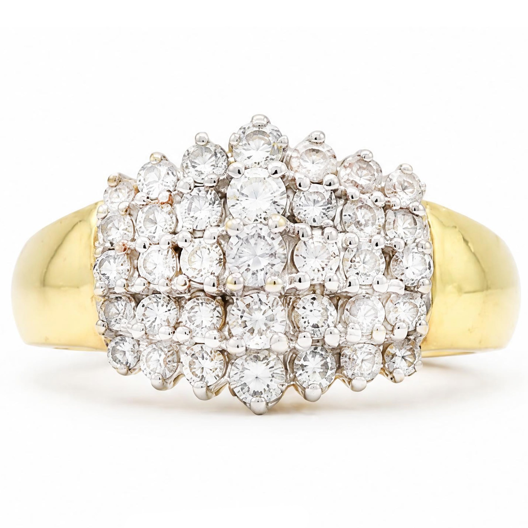 18ct gold diamond rive row stepped design ring, each row set with seven round brilliant cut diamonds, stamped, total diamond weight approx 0.80 carat