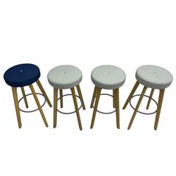 Connection Furniture - set four oak framed high bar stools, circular seat upholstered in grey and navy blue, raised on tapering supports with metal ring stretcher