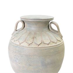 Two large Thai storage jars, with repeating leaf boarder to the neck