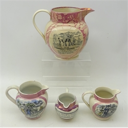  19th century Sunderland lustre jug 'Sailors Farewell', H19cm and three other smaller Sunderland lustre jugs (4)  