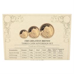 Queen Elizabeth II Gibraltar 2020 'The Greatest Briton' three coin sovereign set, full to quarter sovereign, issued by The London Mint Office, cased with certificate