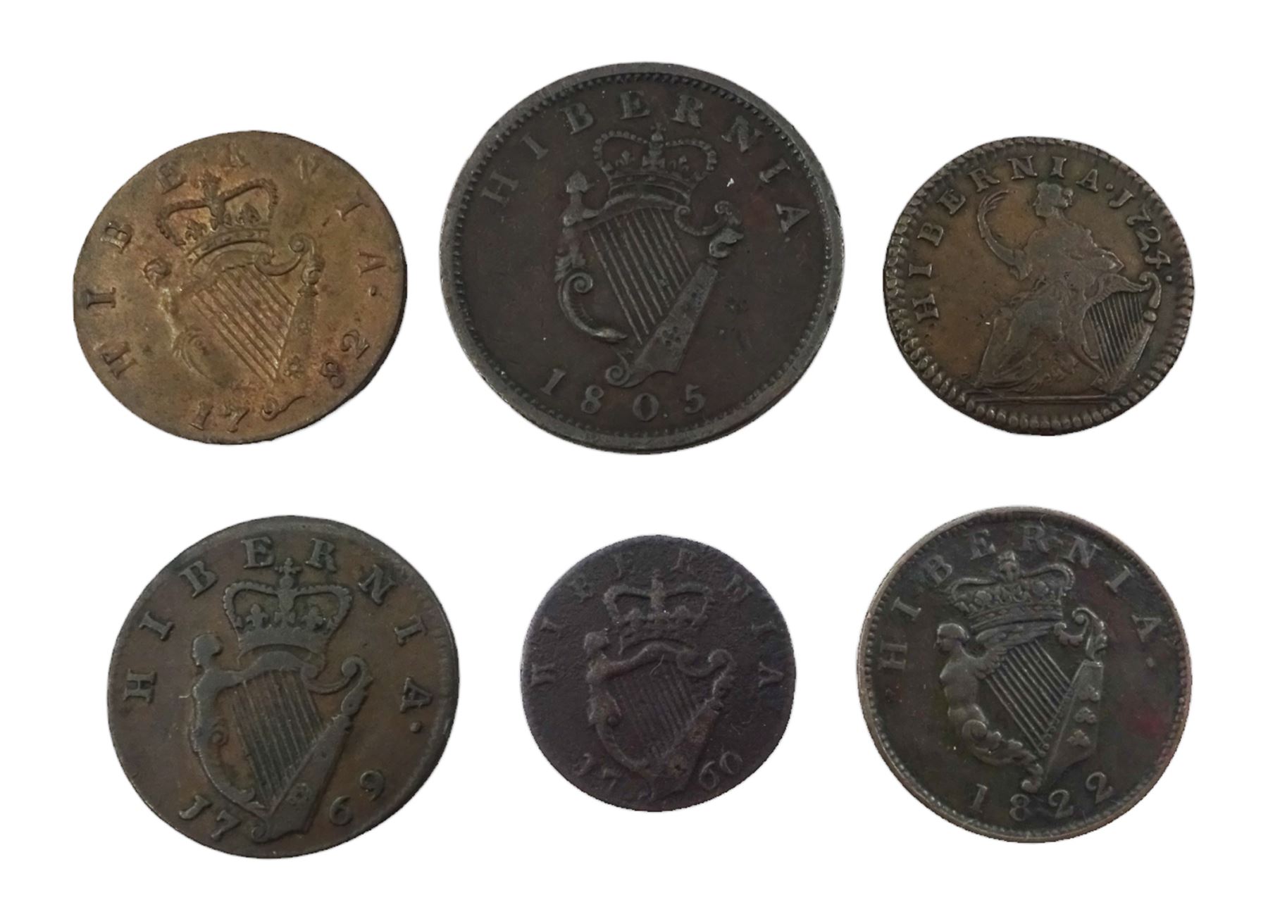 Six 18th century and later Irish coins, including George I 1724 halfpenny, George III 1769 halfpenny, 1805 penny etc