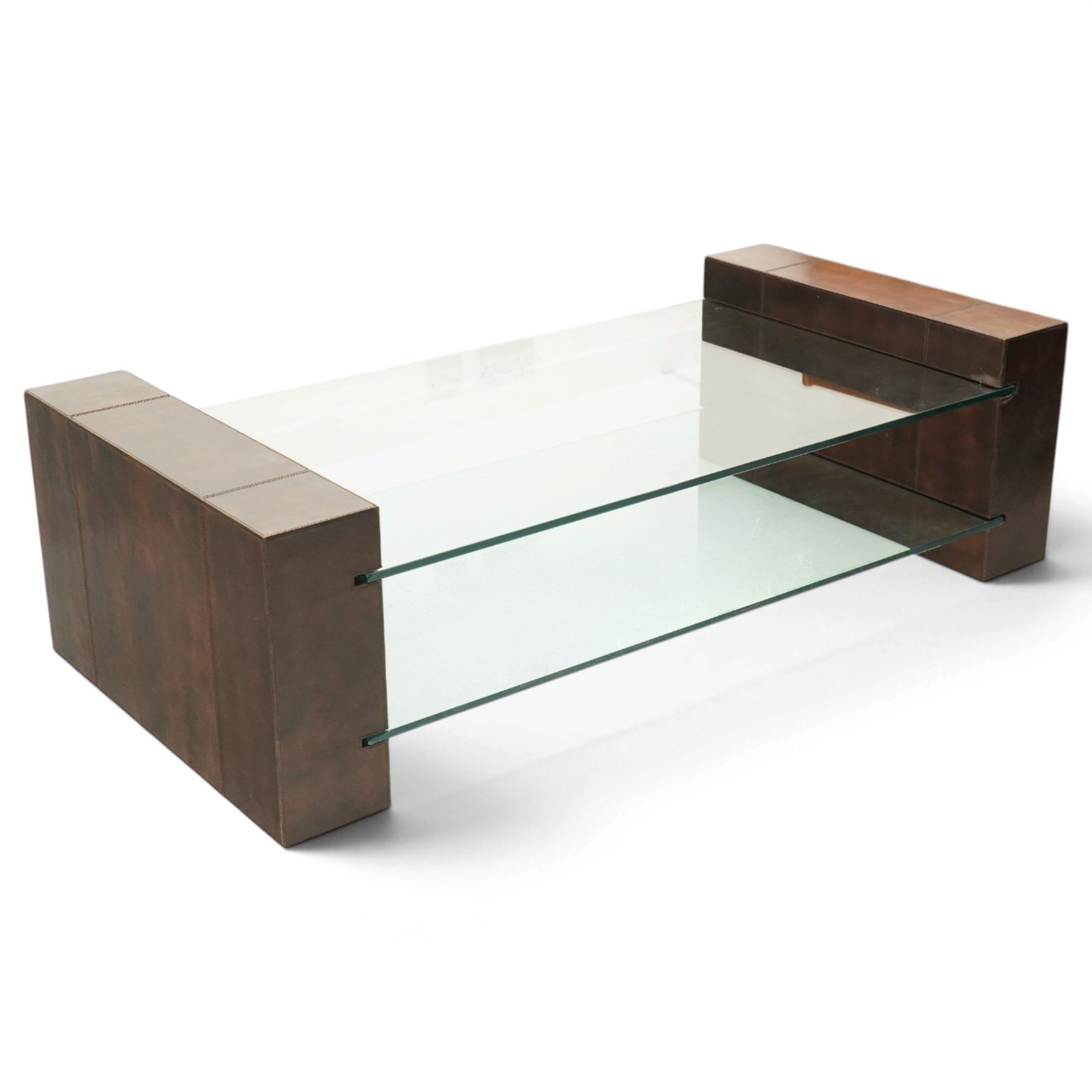 ML DS - Contemporary two-tier coffee table, brown leather-covered frame supporting a rectangular glass top and matching undertier