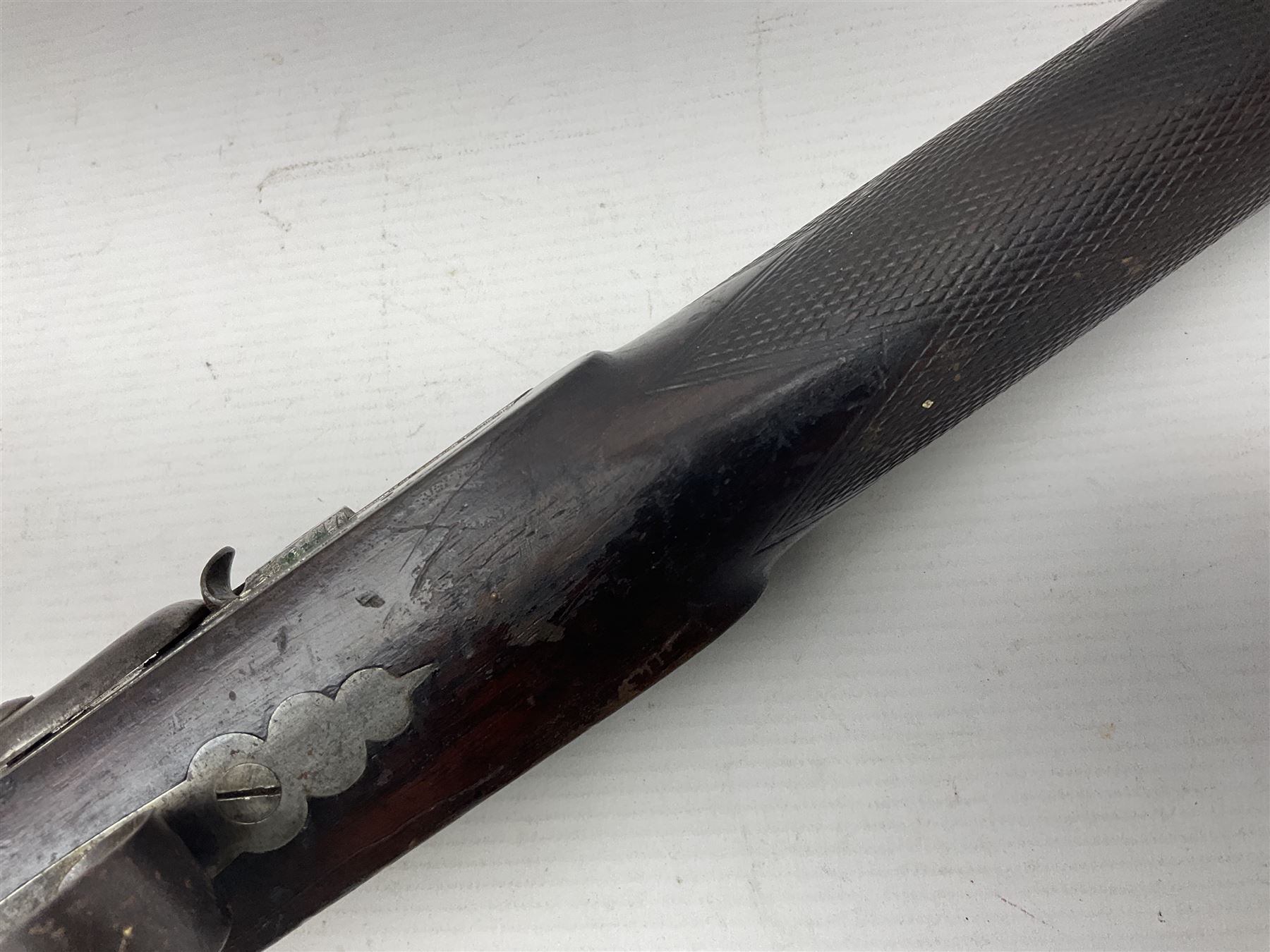 19th century George Gibbs of Bristol .461 cal. muzzle loading percussion match rifle with 28cm cut-down barrel and cut-down stock, Metford type rifling, fitted with additional three folding leaf rear sight to 400yds, back action sight still fitted to tang, maker's name to lock and top of barrel, serial no.439. L46.5cm overall