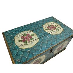 19th century Scandinavian painted pine marriage chest or coffer, rectangular hinged lid, fitted with candle box, raised on square tapering feet, painted with blue and white design and floral bouquet pattern
