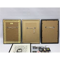 Enamel Horse racing members badges, together with three framed signed racing characters jockey prints, including Steve Smith Eccles, Willie Shoemaker and Greville Starkey, and one other print