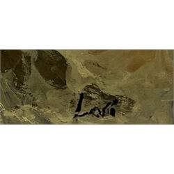 Lori (Italian 20th century): 'Mareggiata' on a Rocky Coastline, oil on board signed, titled on exhibition label verso 23cm x 29cm