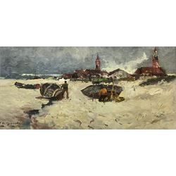 Frank Henry Mason (Staithes Group 1875-1965): Mending Boats on Scheveningen Beach, oil on canvas signed 22cm x 44cm 