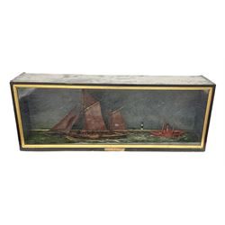Late 19th/early 20th century diorama of the River Humber with a wooden waterline model of the Grimsby fishing vessel 'Jane' GY101 in full sail passing the Bull Lightship, probably Spurn lighthouse and buildings on the bank behind; in glass fronted ebonised display case L105cm H40cm D21cm
