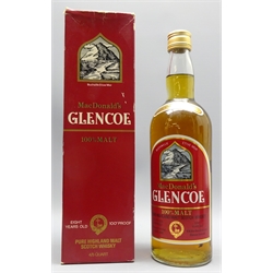 MacDonald's Glencoe Pure Highland Malt Scotch Whisky, 8 Years Old, 4/5 quart 262/3 floz. 100 proof, in carton, 1 bottle.   