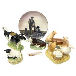 Five Border Fine Arts James Herriot's Country Kitchen ceramics, comprising Cow Creamer, Horseradish pot with spoon, Mint Sauce Boat with spoon, Piglets Cruet Set and Yours or Mine Cruet set, together with Border Fine Arts collectors plate 