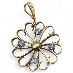 9ct gold sapphire pendant, with 15ct gold pearl pendant bail and a 9ct gold 'W' brooch 