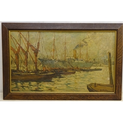  John Riddle (British fl.1904-1934): Steam and Fishing Boats in a Harbour, oil on canvas signed 39cm x 67cm  
