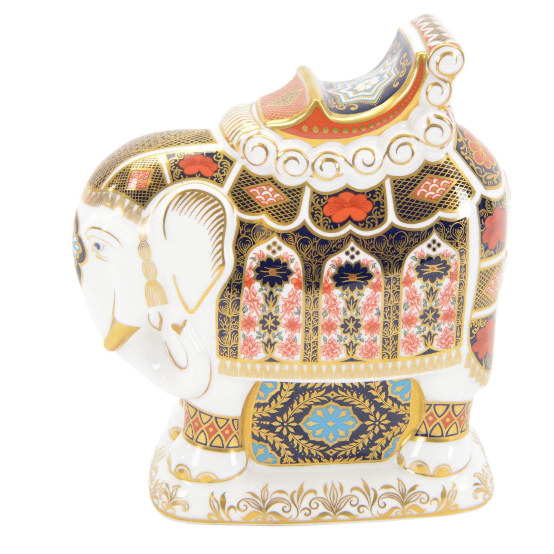 Royal Crown Derby paperweight, large Imari Elephant, decorated in the 1128 pattern, gold stopper, 22cm high.