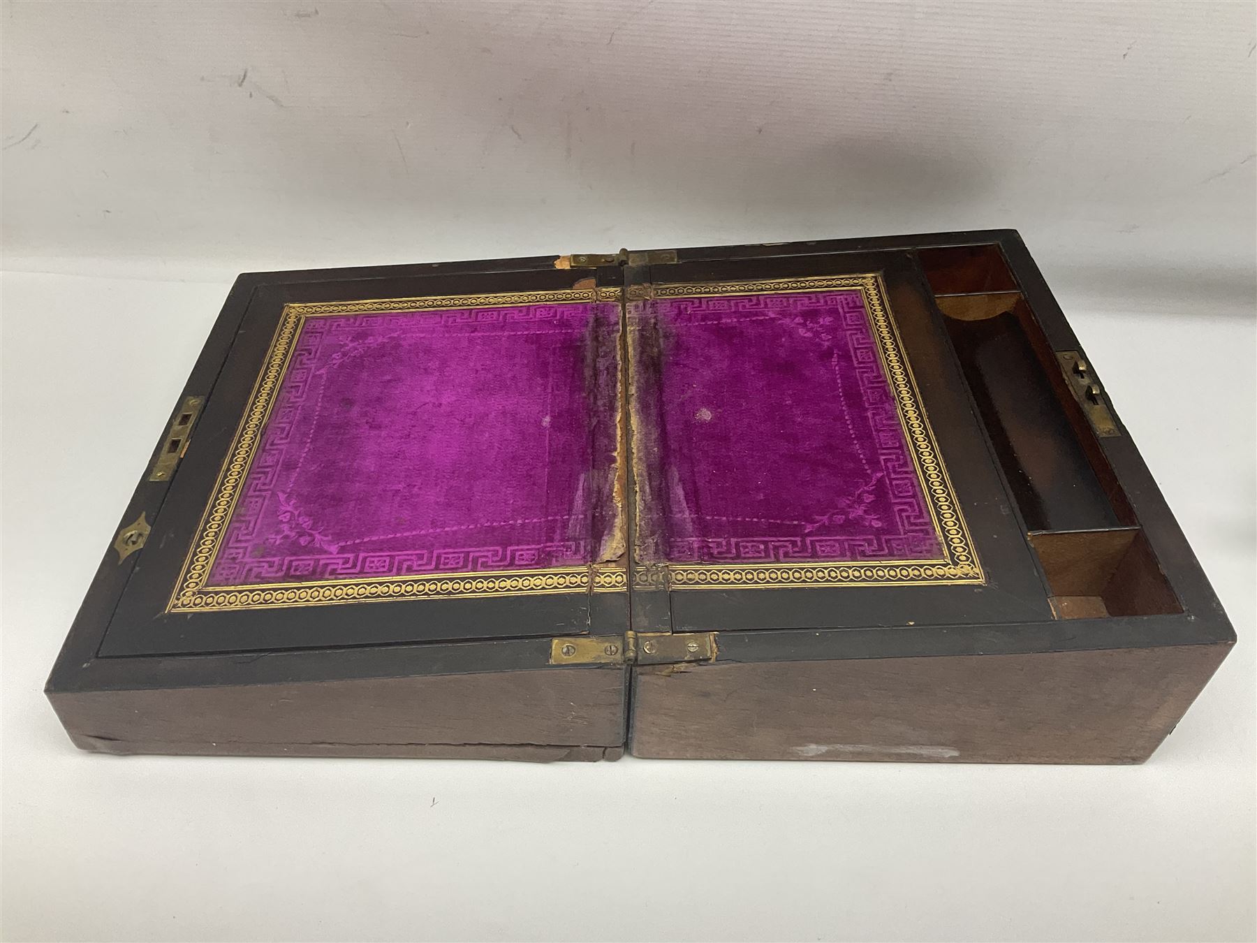 Victorian glass rolling pin, black basalt teapot, mother of pearl box with foliate engraving and sliding lid, and a wooden writing slope, with purple velvet interior, writing slope H14cm