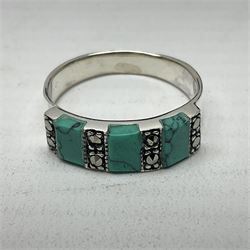 Silver turquoise and marcasite ring, stamped 925, boxed
