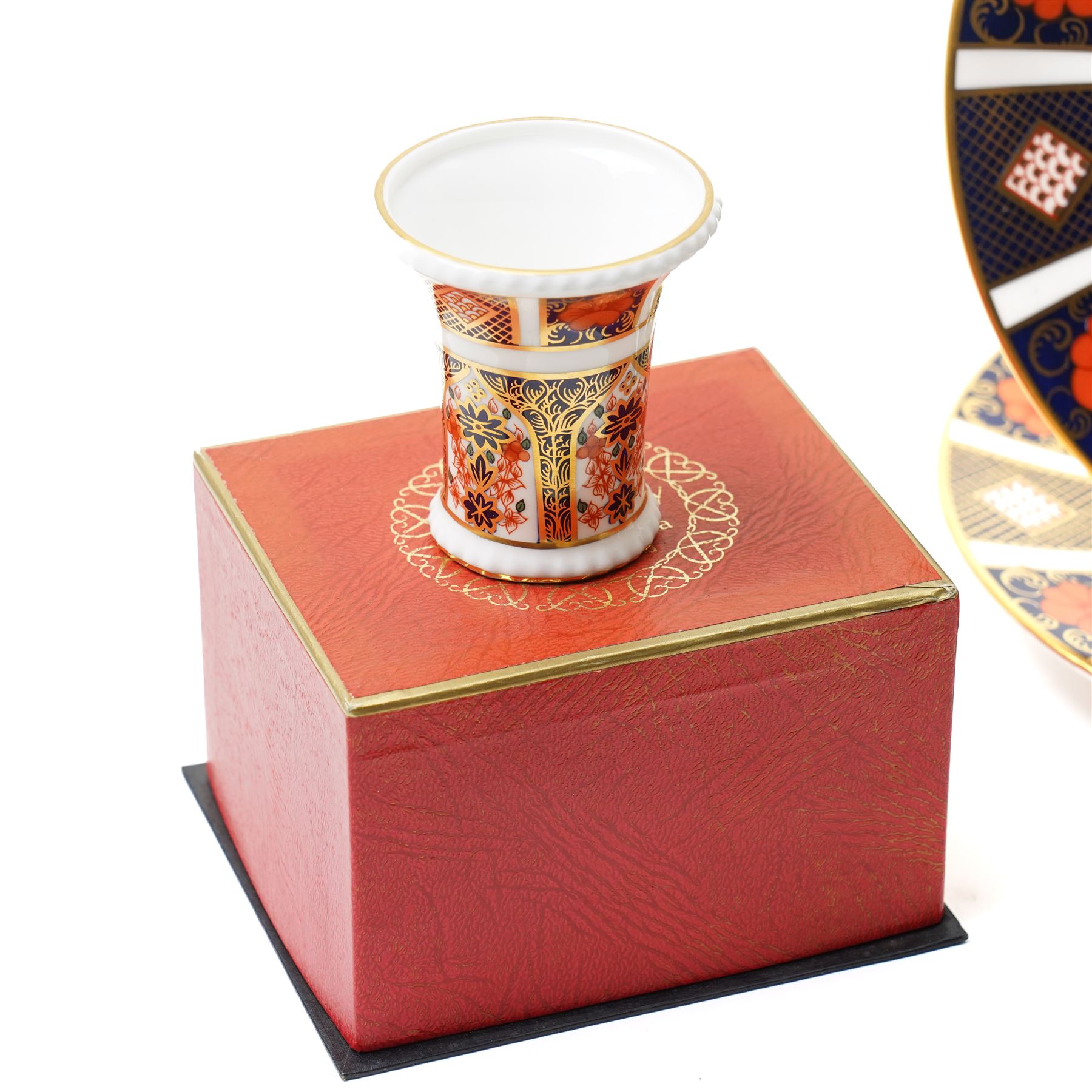 Pair of Royal Crown Derby Imari pattern plates 21cm, pair of tea plates, one boxed, tea cup and saucer and small vase, boxed all pattern 1128