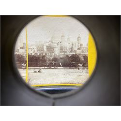 Mahogany tabletop Stereo viewer, with four Valentine Blancherd stereograph views of London, H32cm