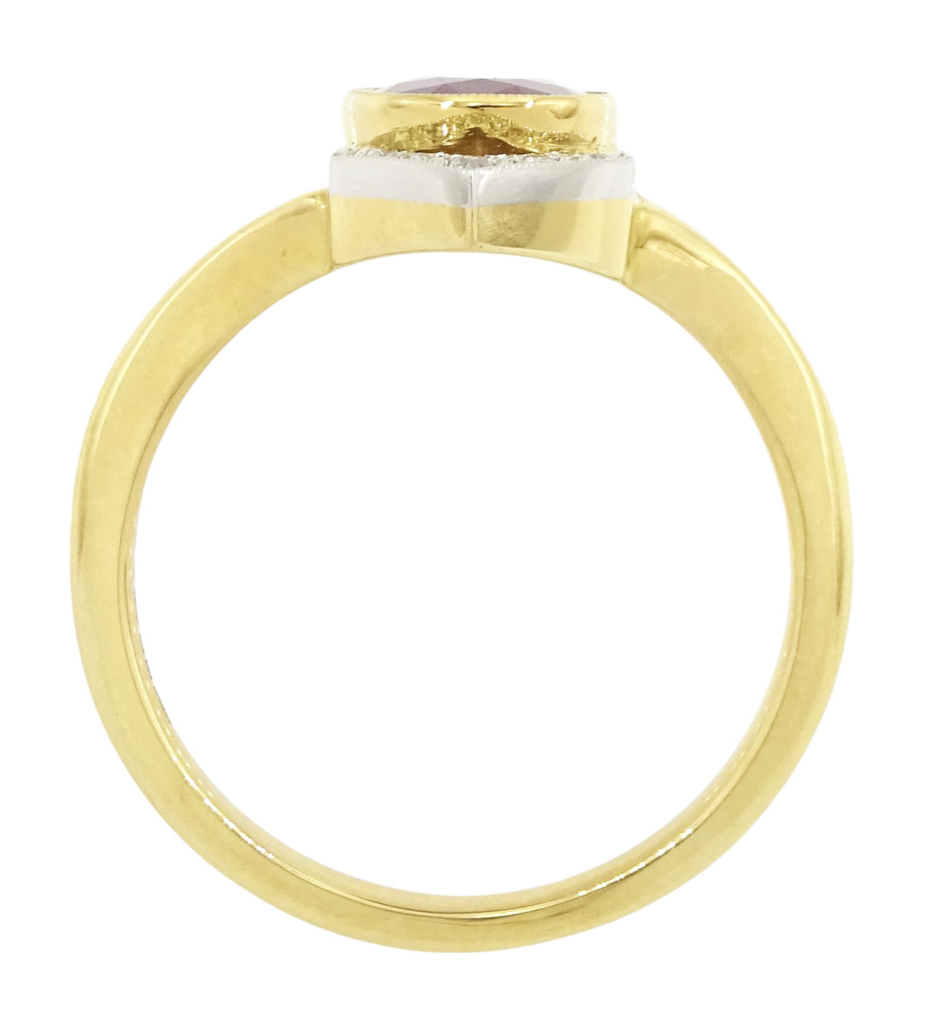 18ct and platinum ruby and diamond ring, single oval cut ruby of approx 2.26 carat, with old cut diamond surround, set within a milgrain navette shaped border, London 2019, total diamond weight approx 0.15 carat, with Alan Poultney Gems report