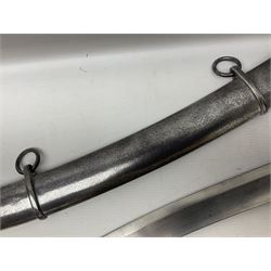 British 1796 Pattern Light Cavalry trooper's sword, the 84cm curving fullered blade stamped Hadley.1 to the back edge, steel hilt with knucklebow, D-shaped langets and leather grip; in polished steel scabbard stamped Osborn & Gunby Birmm. and W.R.16 ( ?16th Light Dragoons) with two suspension rings L100cm overall