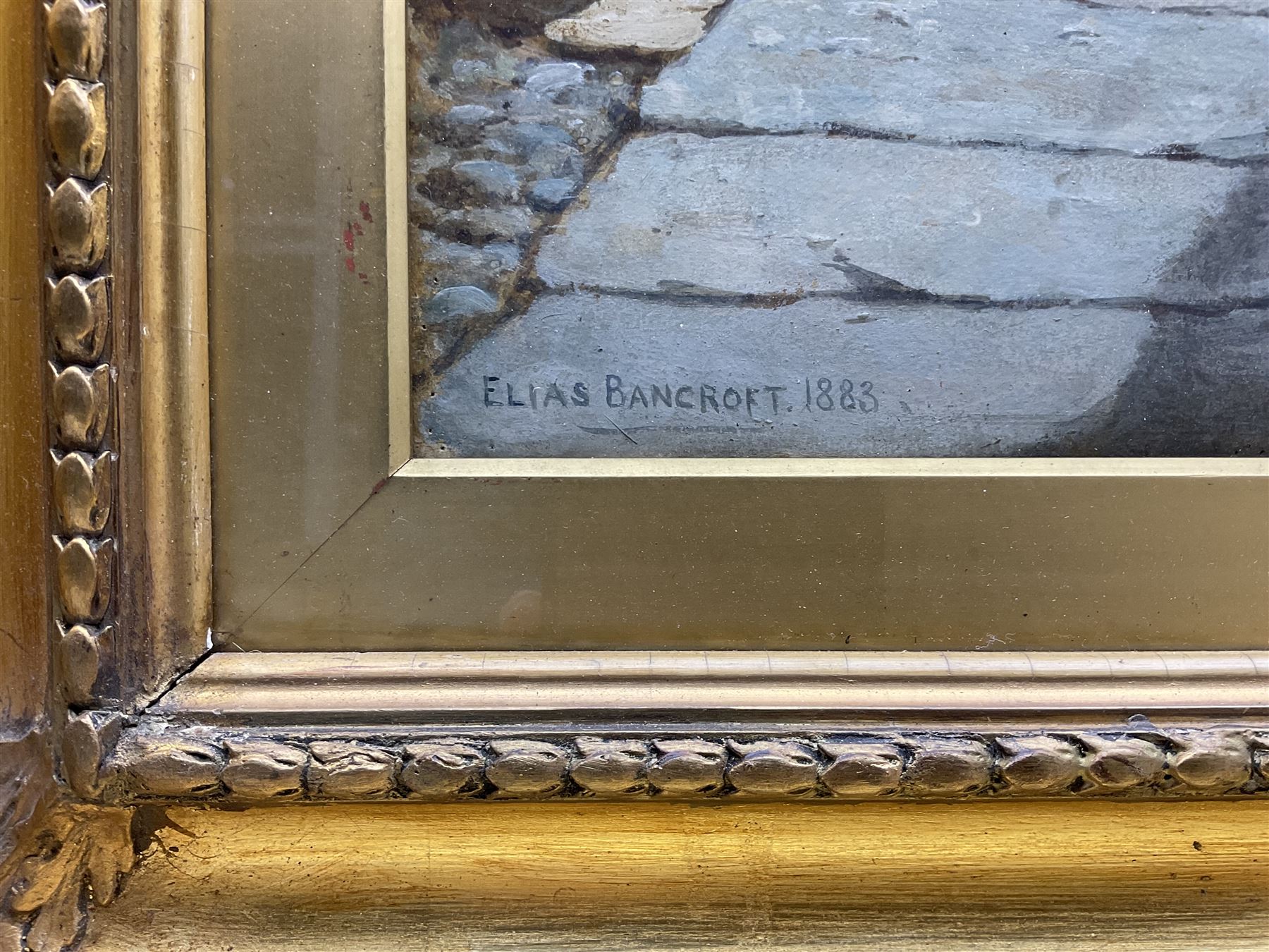 Elias Mollineaux Bancroft (British 1846-1924): 'Arguments Yard - Old Whitby', watercolour and gouache signed titled and dated 1883, further titled signed and dated with artist's address '30 Plymouth Grove Manchester' verso 76cm x 55cm