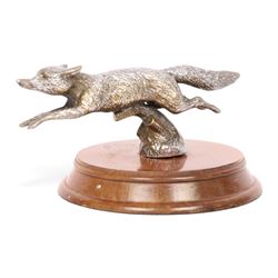 Louis Lejeune running fox car mascot mounted on a wooden plinth, H8cm