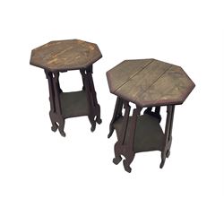 Pair Arts & Crafts period side tables, octagonal moulded top, on four supports with pierced decoration terminating at splayed feet, the supports joined by octagonal undertier, with label 'Palliser's Wolverhampton'
