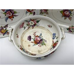 19th century dinner wares, probably Coalport, all with moulded floral decoration and further detailed with hand painted floral sprays and sprigs upon a white ground, comprising two twin handled oval tureens, with green and gilt detailing to handles and base, together with three graduating oval serving platters and a twin handled serving dish