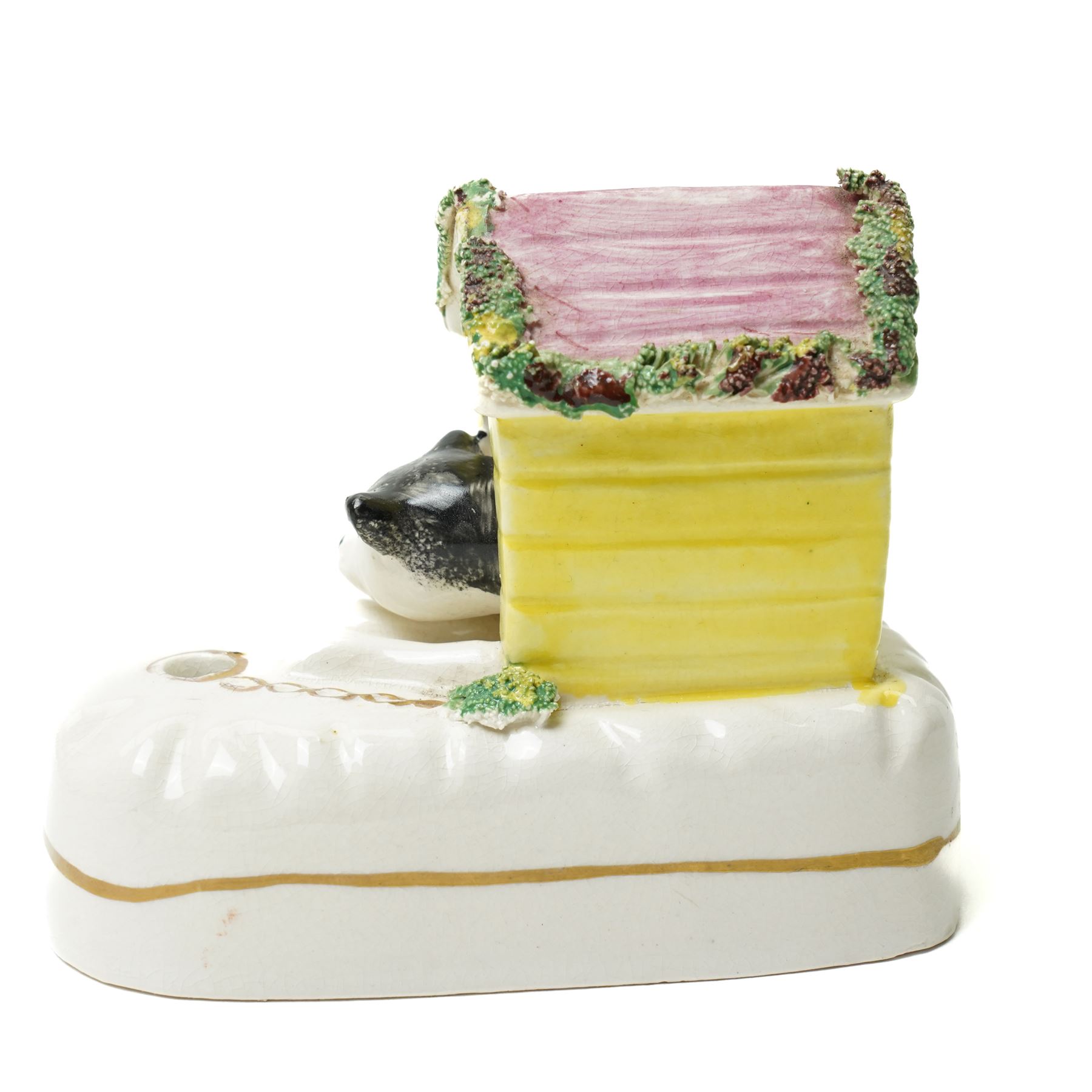Pair of late 19th century Staffordshire pen holders, modelled as dogs in kennels, W9.5cm