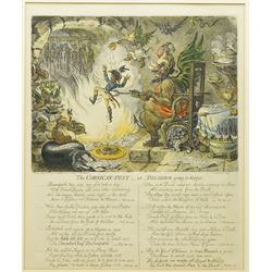 James Gillray (British 1756–1815): ‘The Corsican Pest or Belzebub Going to Supper’, early 19th century satirical etching with hand-colouring pub. Hannah Humphrey, London, 1803, 42 cm × 35 cm
Notes: Napoleon Bonaparte is depicted being thrust into hell by devils while Beelzebub awaits him at a grotesque feast. The image reflects British fears and ridicule of Napoleon’s growing power, portraying him as a demonic threat to Europe during the Napoleonic Wars. Accompanied by a satirical verse condemning his deeds and praising British resistance.