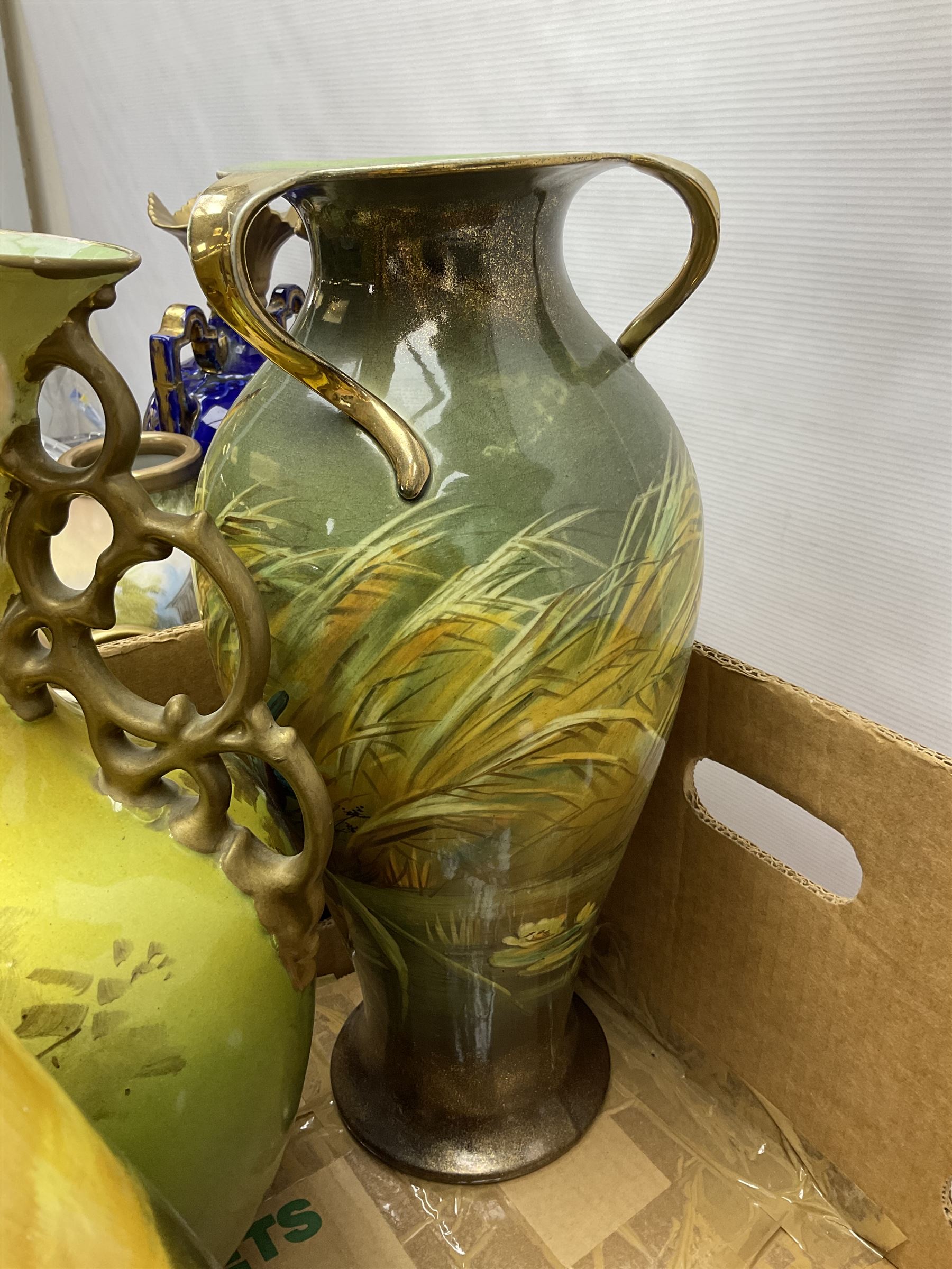 Continental hand painted vase, together with eight large Victorian vases, including some St Louis Artware examples and a pair painted with swans, tallest H50cm