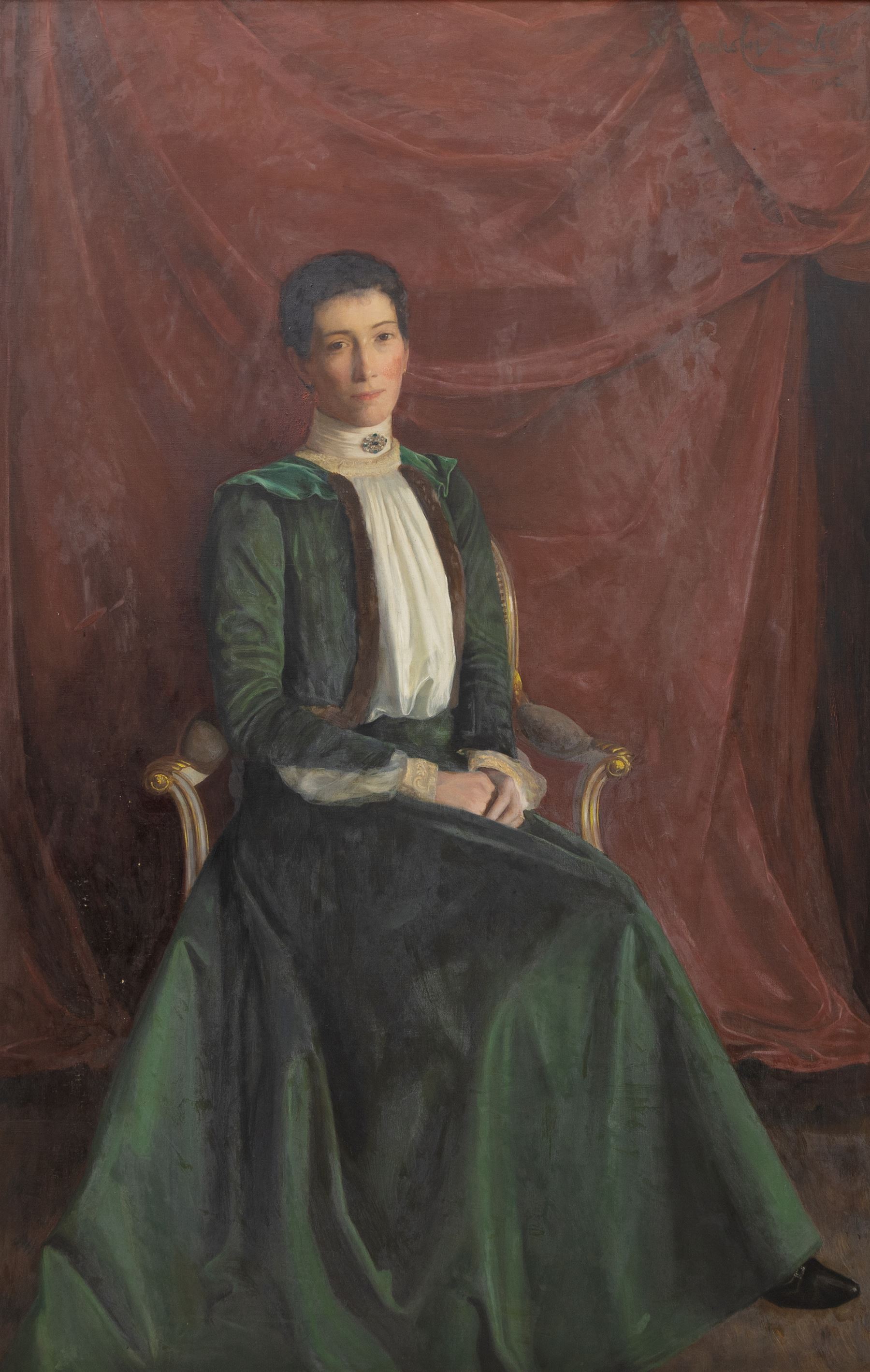 Noel Denholm Davis (British 1876-1950): Portrait of 'Mrs J.P. Chaworth Musters' (neé Mary Anne Sharpe) of Annesley Park, oil on canvas signed and dated 1902, titled on plaque 171cm x 110cm