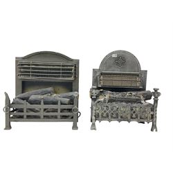 Two classical steel electric fires, pierced grate with faux logs